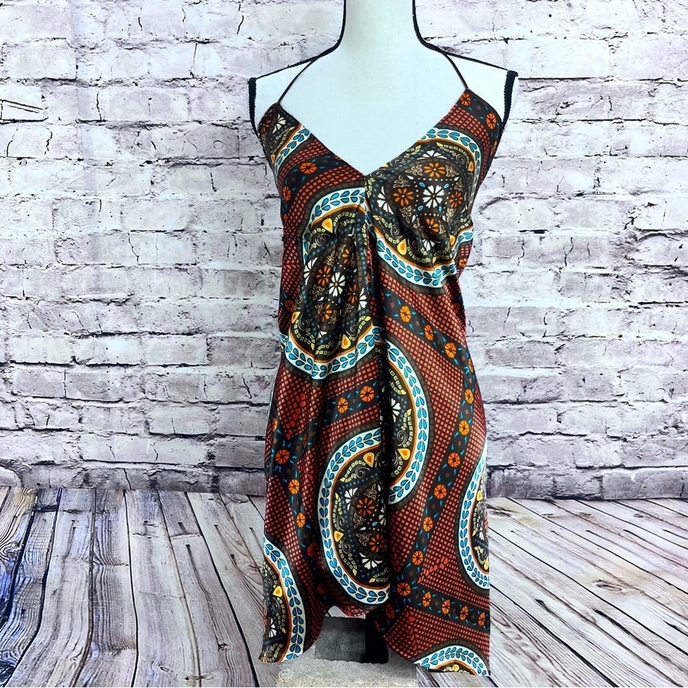 JANICE LVLX FASHIONS SATIN WOMENS Size Small Halter Dress Kick Pleat  Re…